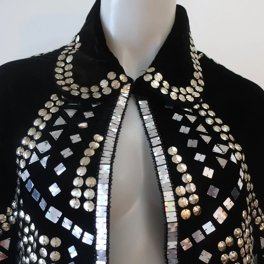 NWT Tina Demel Black Velvet Mirrored Embellished Peter Pan Collar Capelet OS - Picture 5 of 14